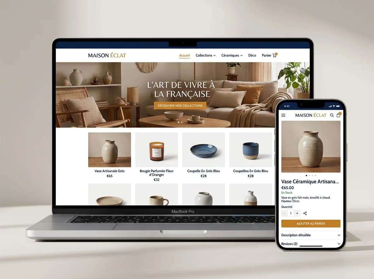 Online store: homepage on a laptop and product page on a smartphone